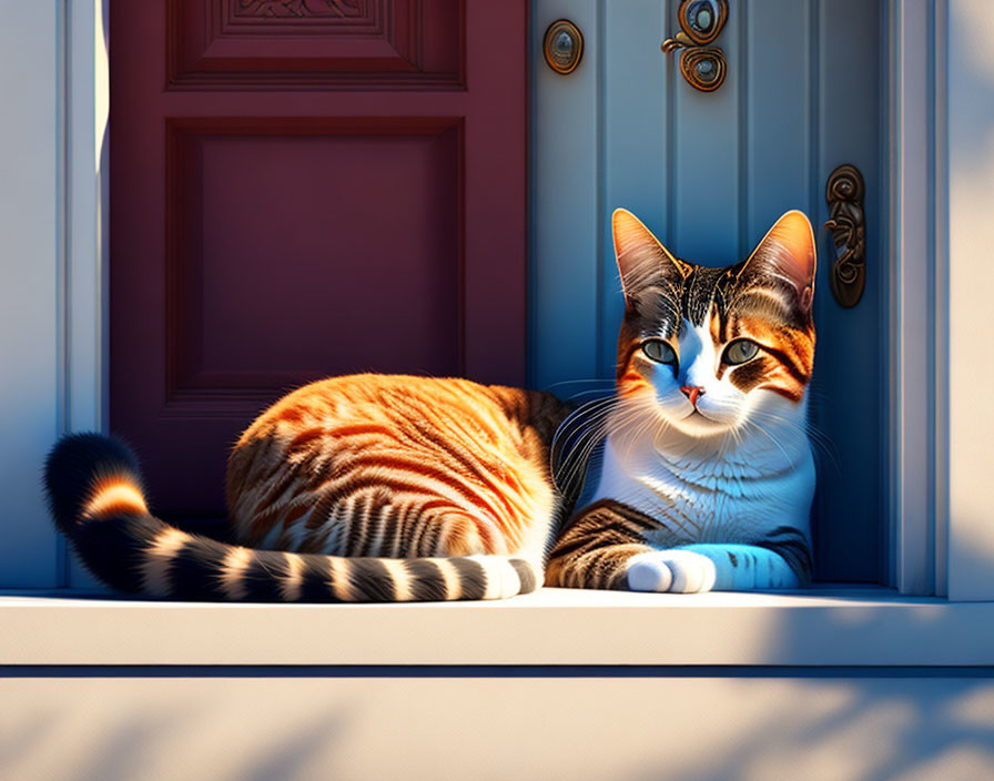 Striped orange and white cat with striking eyes by a sunny windowsill.