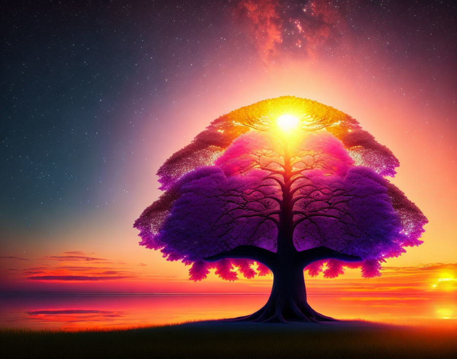 Colorful tree with pink foliage under starry sky and sunset horizon.