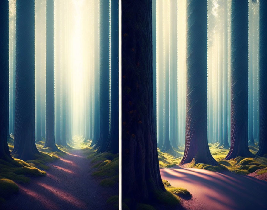 Split Images of Serene Forest: Blue Morning vs. Amber Evening