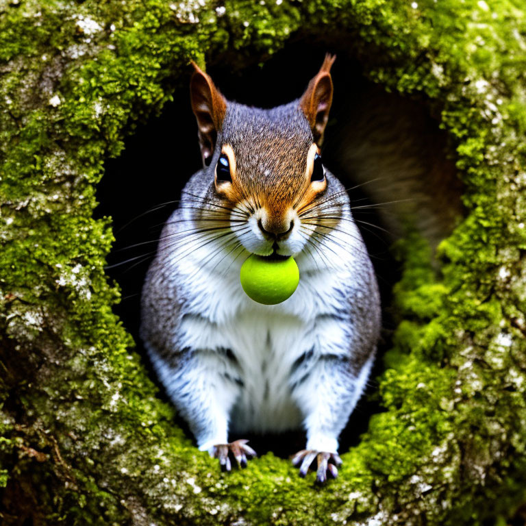 Squirrel with green nut in mouth in moss-covered tree hollow