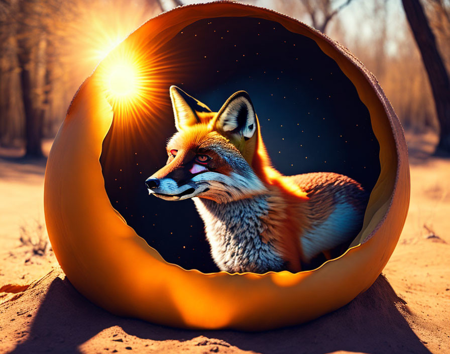 Fox in orange frame with starry background and sun in forest.