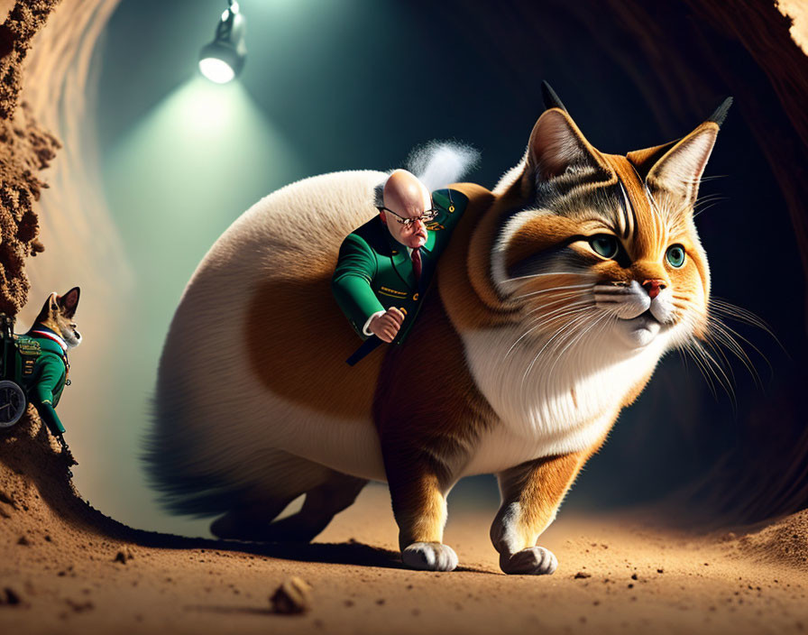 Fantastical image of large round cat with small man and dog in cavernous setting