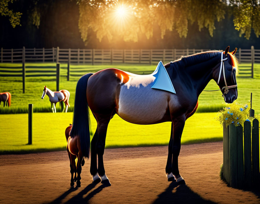 Majestic horse with blue blanket in paddock at sunset