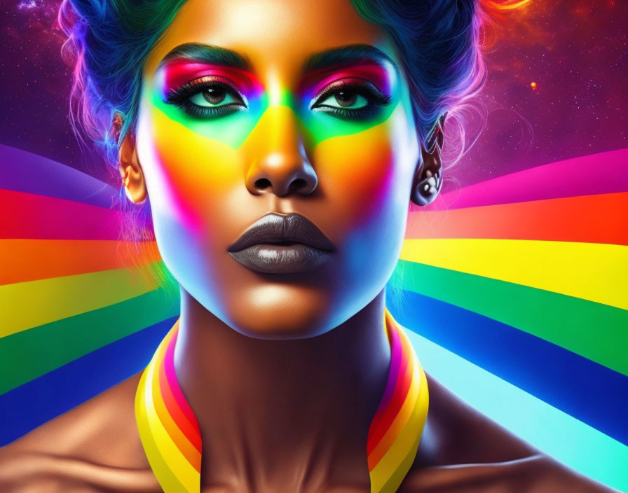 Colorful portrait of a woman against cosmic backdrop