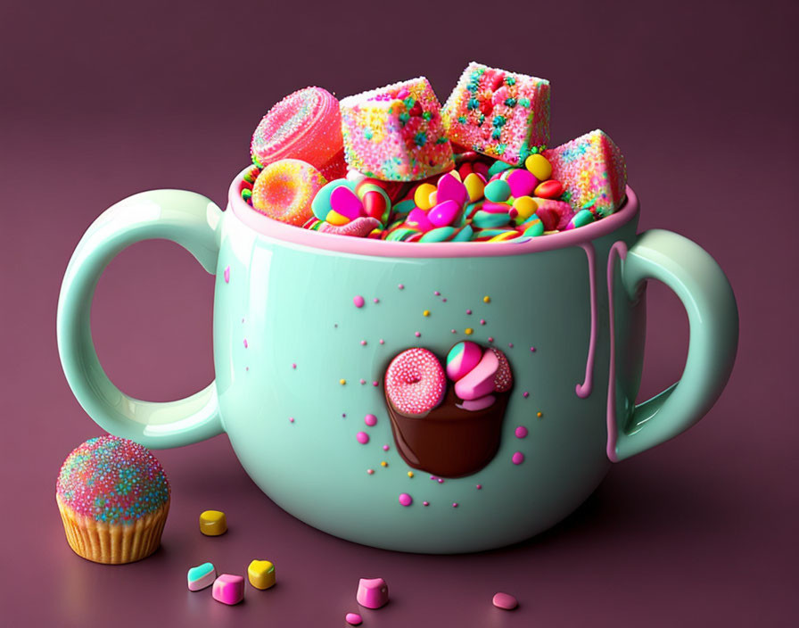 Colorful Candies Overflowing Mint Green Mug on Purple Background