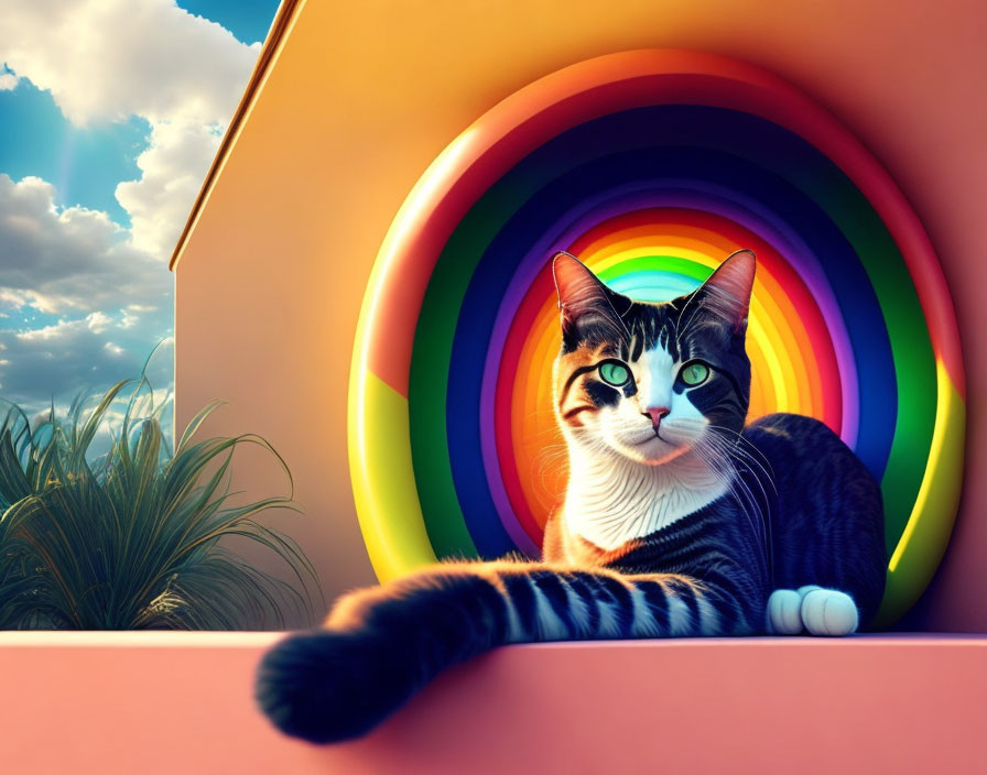 Striking green-eyed cat against vibrant rainbow backdrop