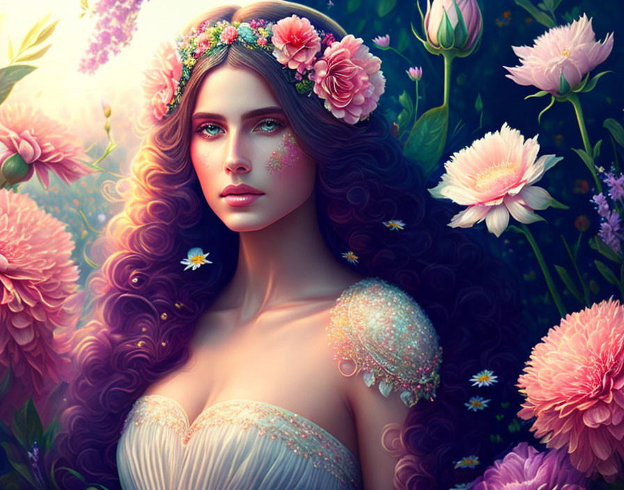 Illustration of woman with long brown hair and floral crown among vibrant flowers