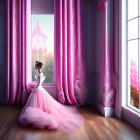 Woman in Pink Dress by Arched Window with Blooming Trees