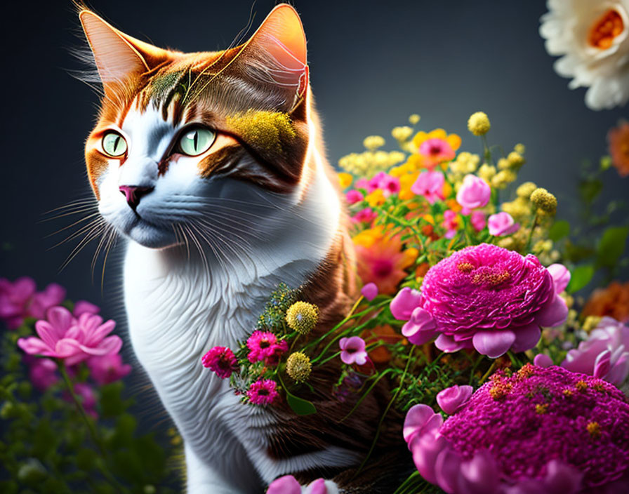 Colorful cat portrait surrounded by vibrant flowers, featuring green-yellow eyes and detailed fur texture