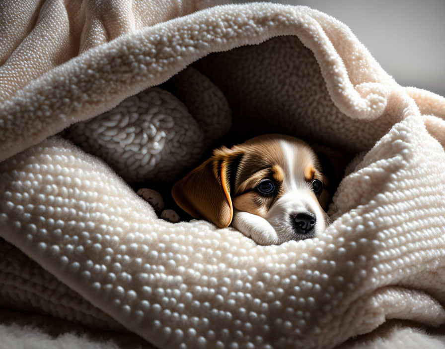 Adorable puppy on beige blanket with textured pattern