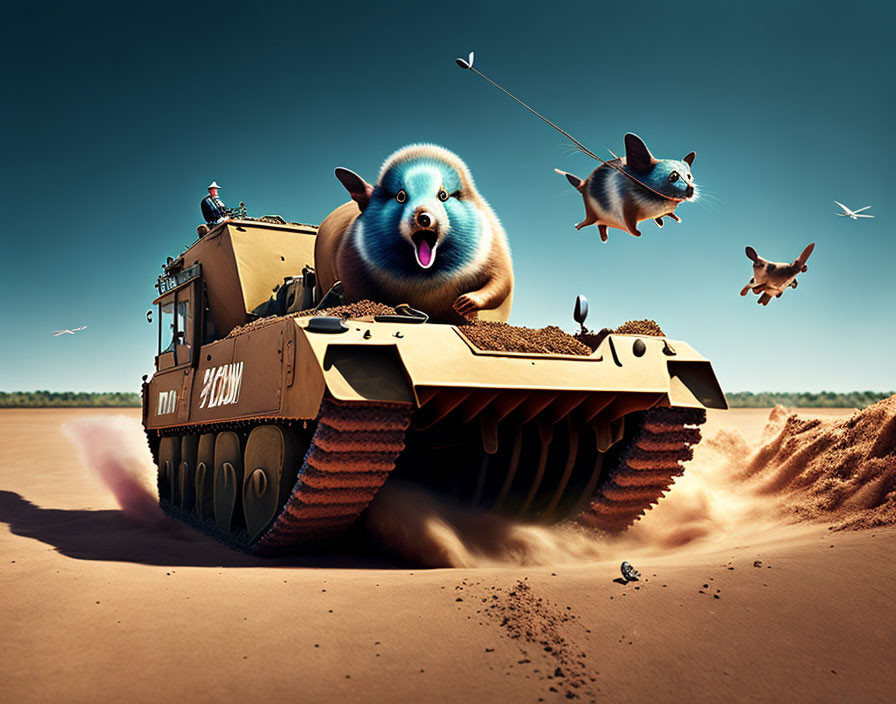 Blue spherical creature with gaping mouth on bulldozer, flying dogs in desert landscape