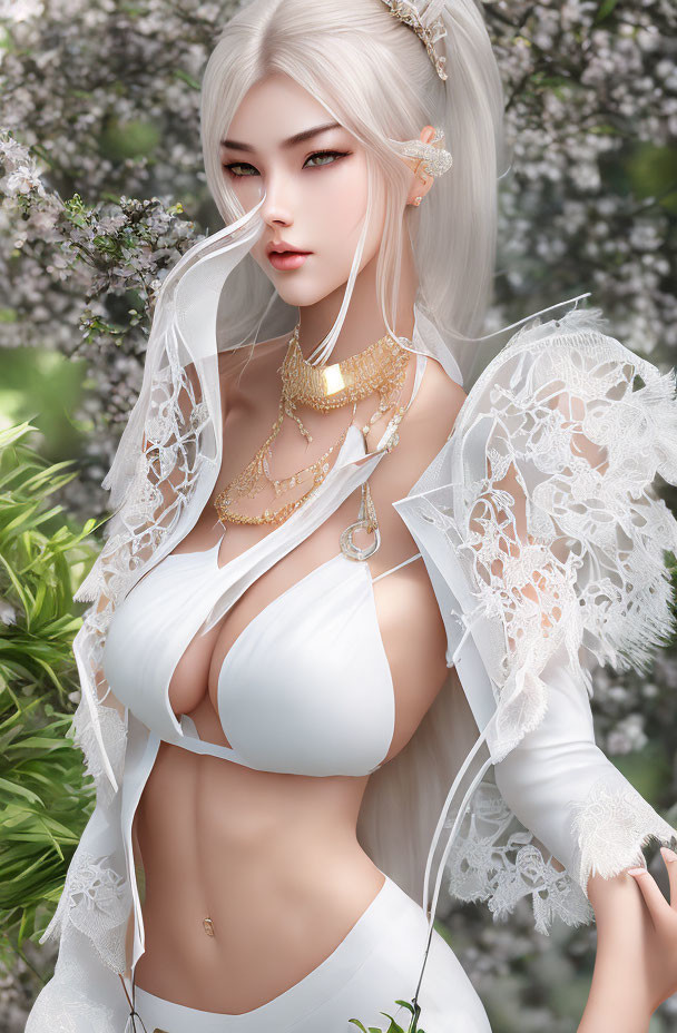 Ethereal animated female character with long silver hair in golden jewelry and white outfit among blossoming trees