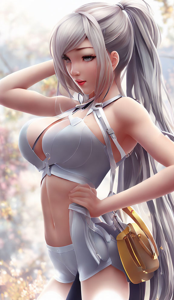 Silver-haired woman in gray outfit with yellow purse posing in digital artwork