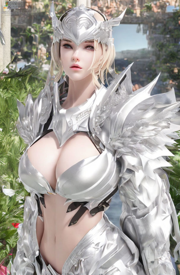 Female character in silver armor with winged helmet and blonde hair against natural backdrop