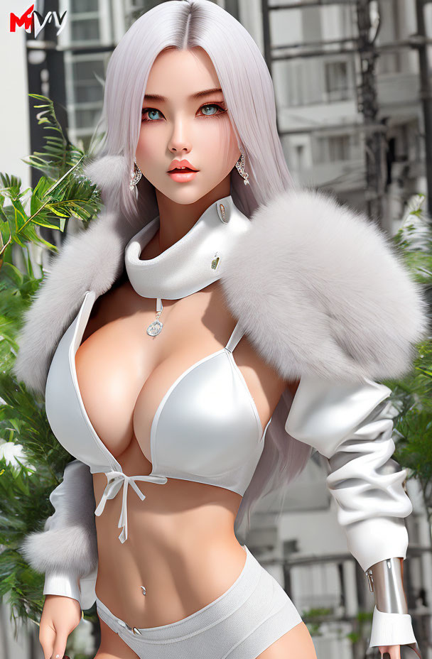 Digital artwork: Woman with white hair, blue eyes, white top, fur collar, shorts