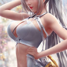 Illustrated female character with long white hair in futuristic attire against city backdrop