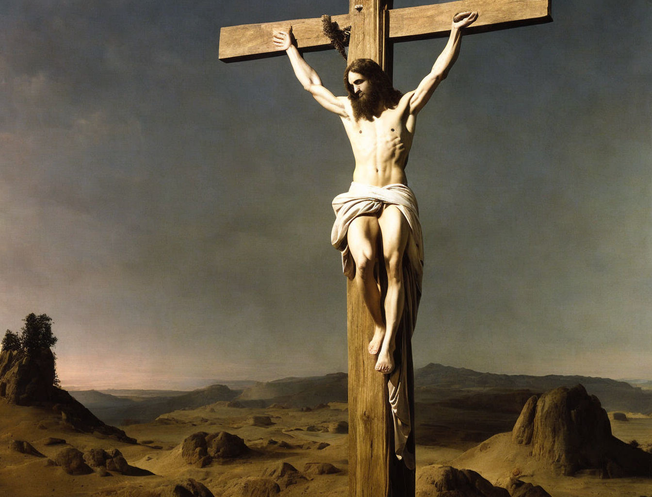 Traditional crucifixion scene with dramatic sky and barren landscape