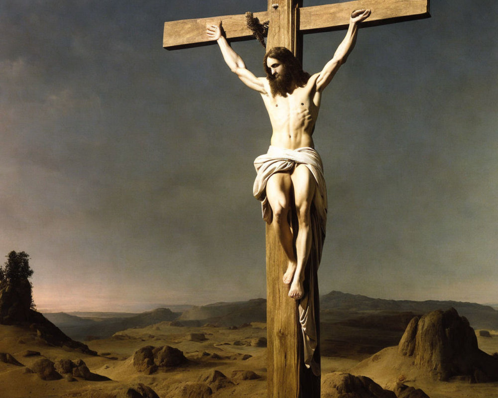 Traditional crucifixion scene with dramatic sky and barren landscape