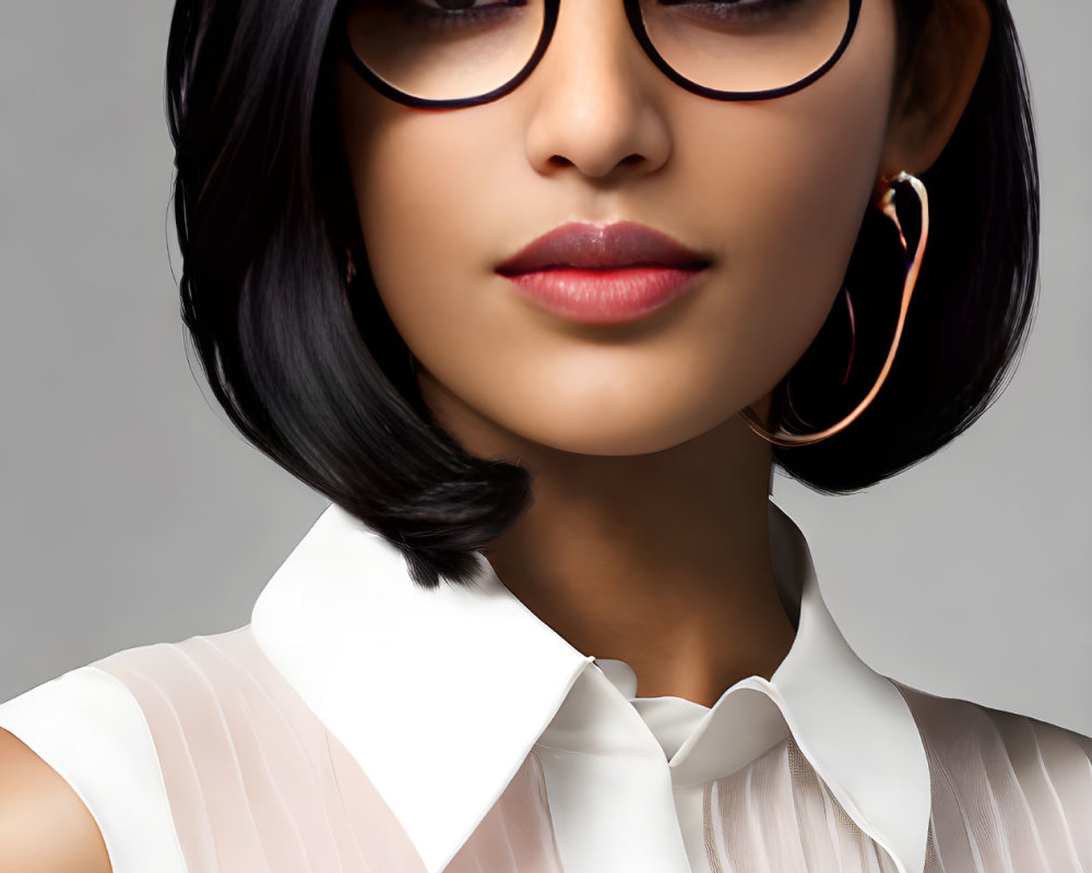 Woman with Bob-Cut Hair in Black Glasses and White Blouse