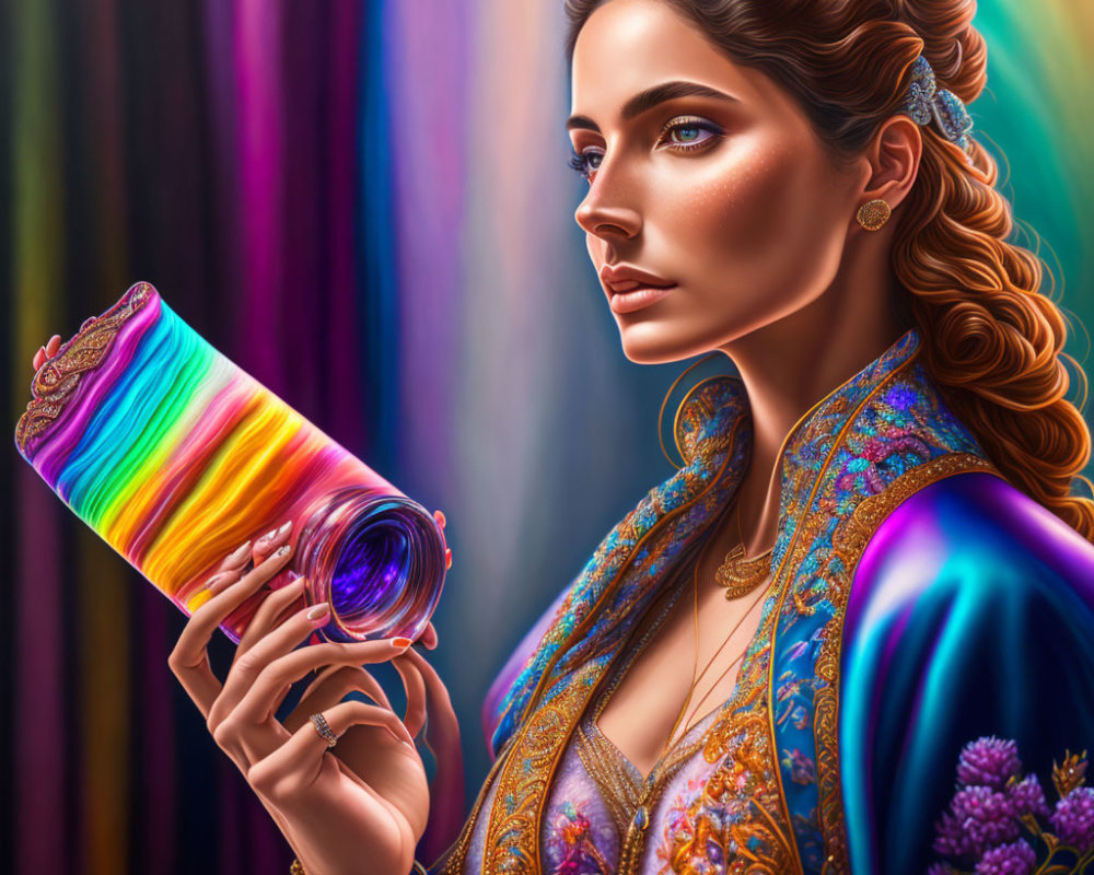 Detailed Makeup Woman Holding Colorful Glowing Scroll in Vibrant Light Background