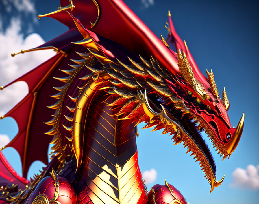 Detailed digital artwork: Majestic red and gold dragon against blue sky and fluffy clouds