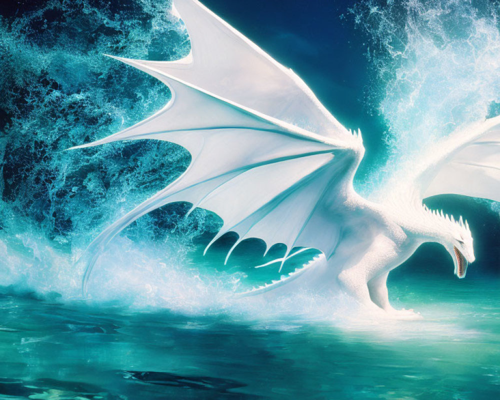 White dragon emerging from turbulent ocean with spread wings