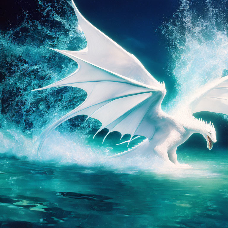 White dragon emerging from turbulent ocean with spread wings