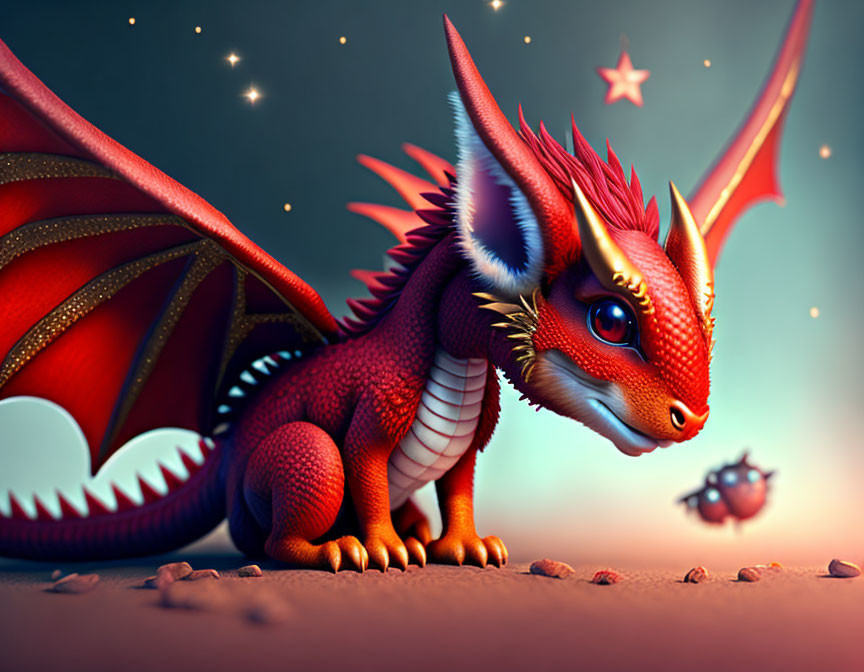 Colorful Red Dragon with Expressive Eyes Under Starry Sky