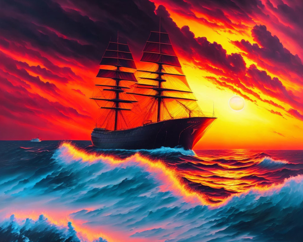 Sailing ship on blue waves under red sunset sky