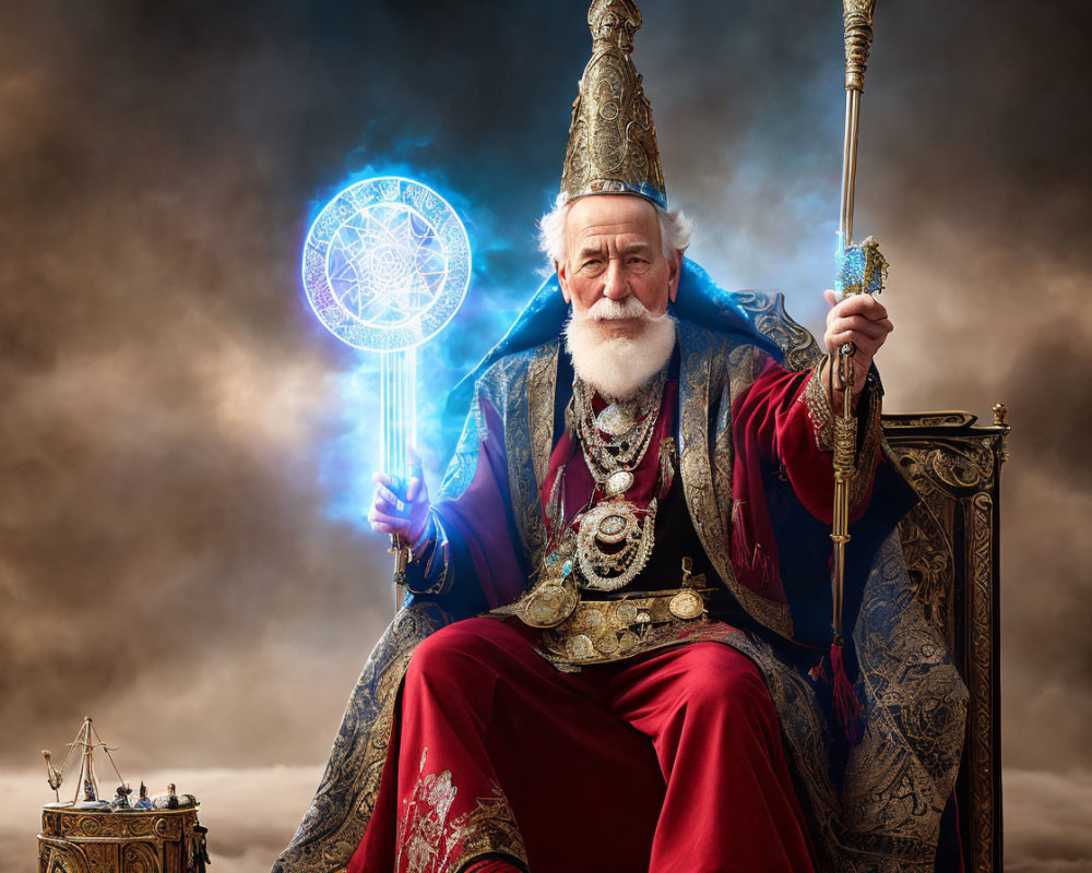 Elderly man in bishop's attire with magical orb under stormy sky