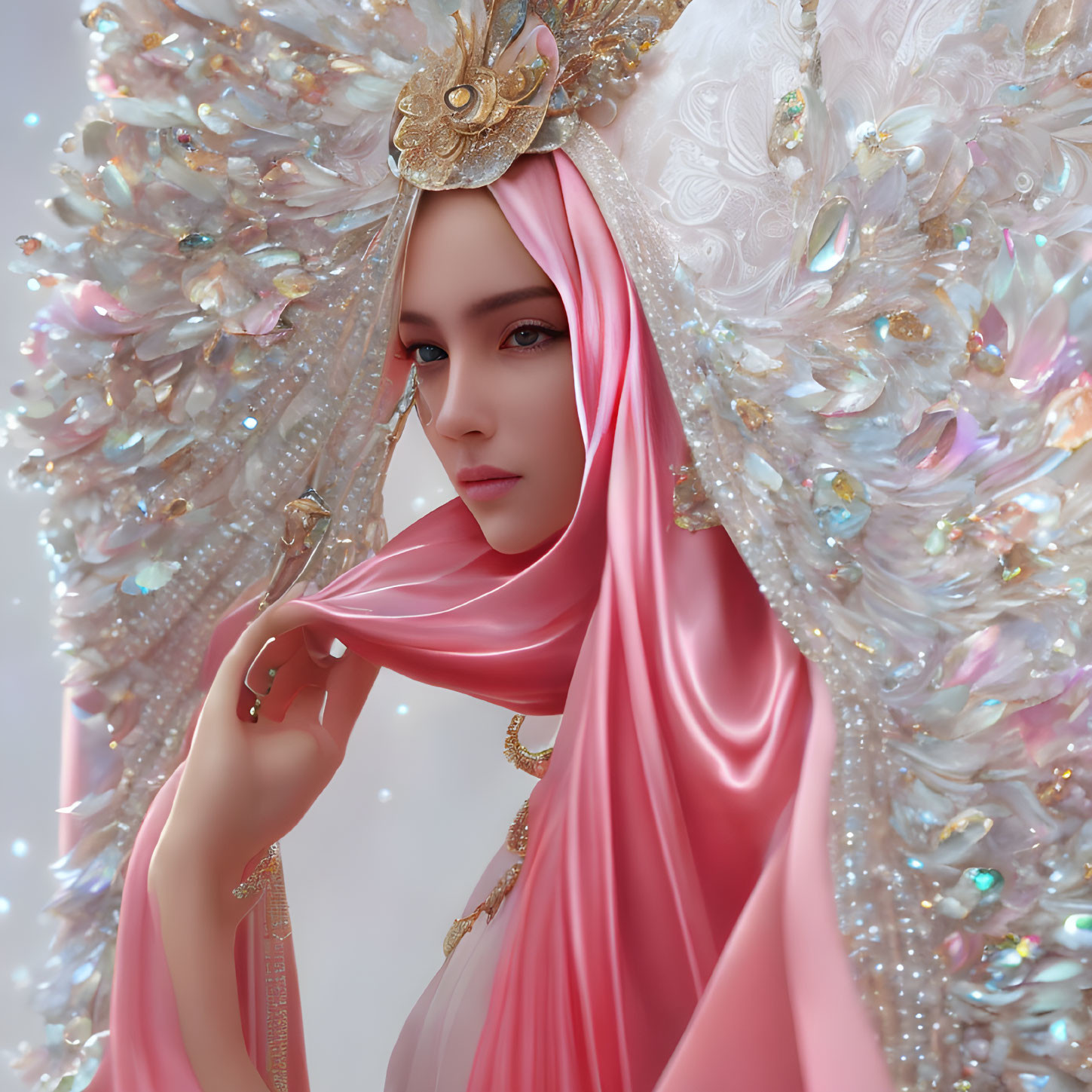 Serene woman in pink veil with ornate headdress