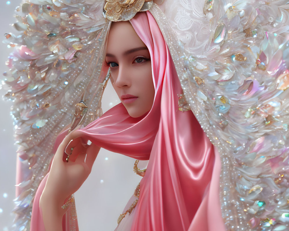 Serene woman in pink veil with ornate headdress