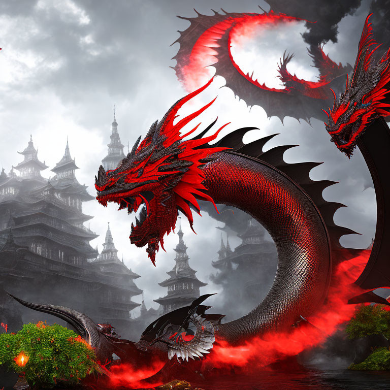 Majestic red and black dragon in Asian-style palace setting