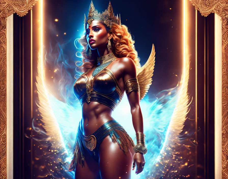 Fantasy-style warrior queen with golden crown and armor in ethereal blue flames