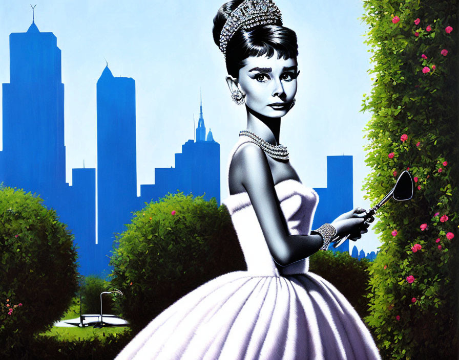 Woman in elegant gown holding mirror with skyscrapers and rose bushes.