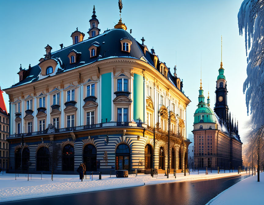 Baroque-style building with turquoise and beige facade and black dome next to towered structure, set in