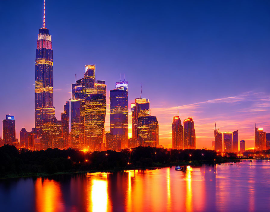 Twilight city skyline with illuminated skyscrapers reflected on calm water