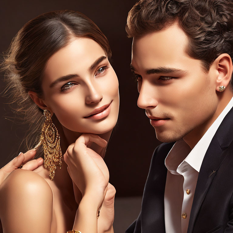 Intimate man and woman portrait with serene smile and intricate earrings