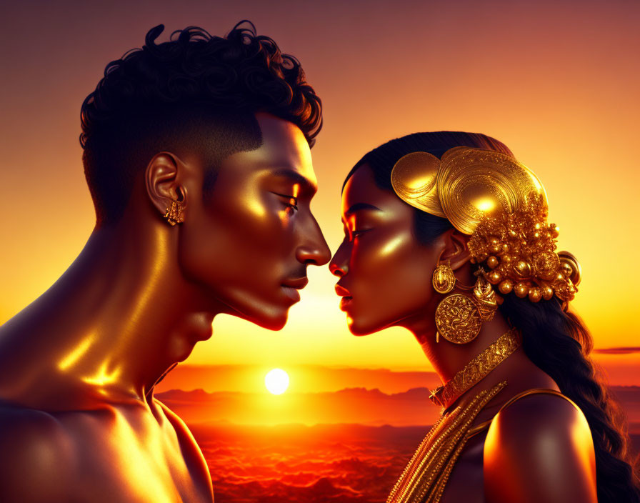 Golden profile figures with elaborate earrings against sunset.