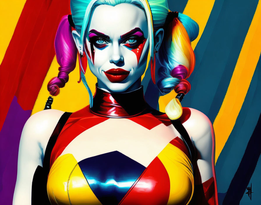 Colorful digital artwork of a woman with dyed pigtails and vibrant makeup in a tight costume