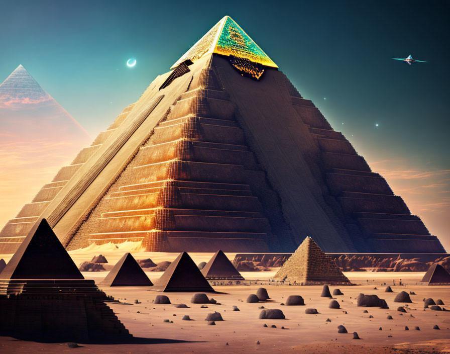 Digitally altered image of Egyptian pyramids with oversized structure at sunset