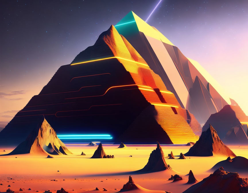 Futuristic pyramids with neon lines in desert twilight