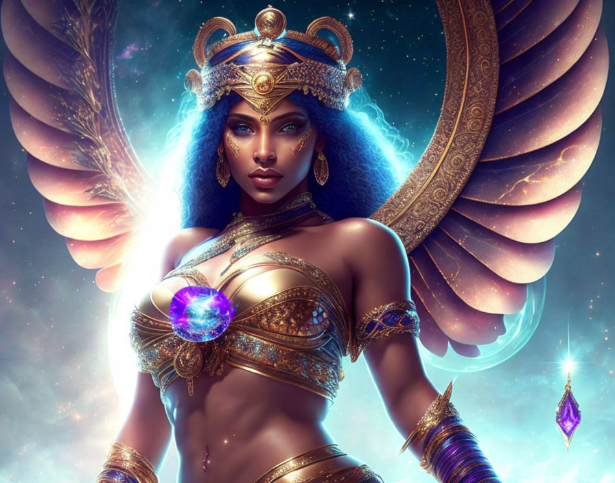 Majestic woman with wings in golden armor and orb