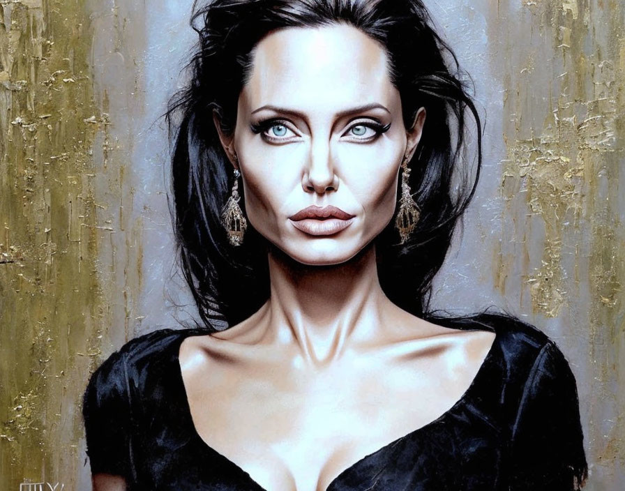 Hyperrealistic Portrait of Woman with Striking Blue Eyes on Textured Golden Background