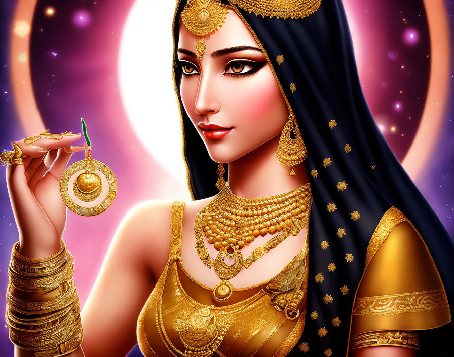 Illustrated woman in traditional Indian attire with gold jewelry against cosmic backdrop