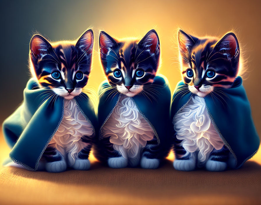 Illustrated Kittens with Blue Eyes in Cozy Cloaks on Golden Background