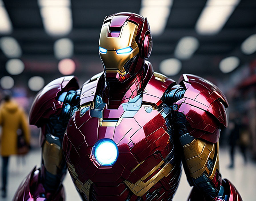 Iconic Red and Gold Iron Man Armor with Glowing Arc Reactor in Urban Setting