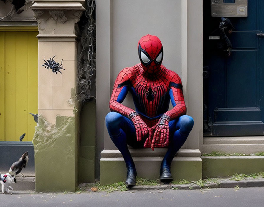 Person in Spider-Man Costume Surrounded by Spider Decor and Dog