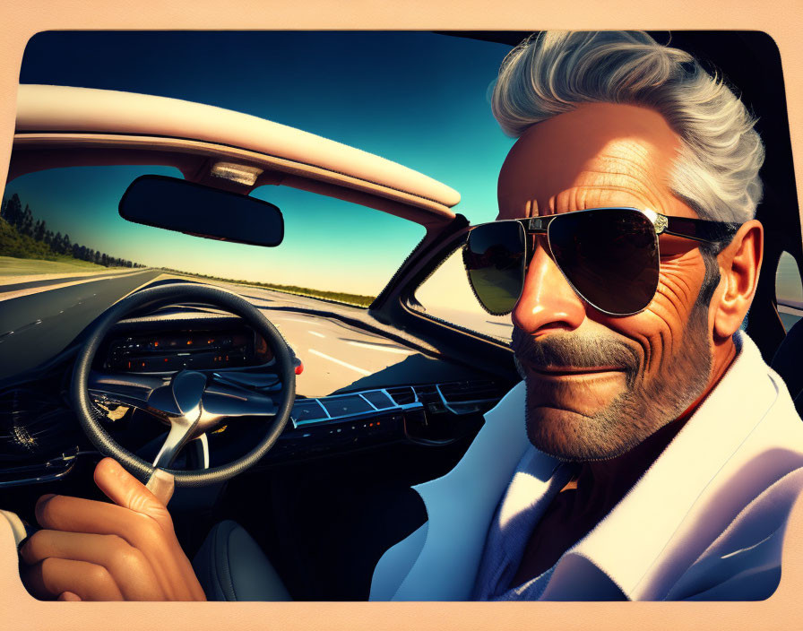 Stylized image of a confident man driving a car on a sunny day