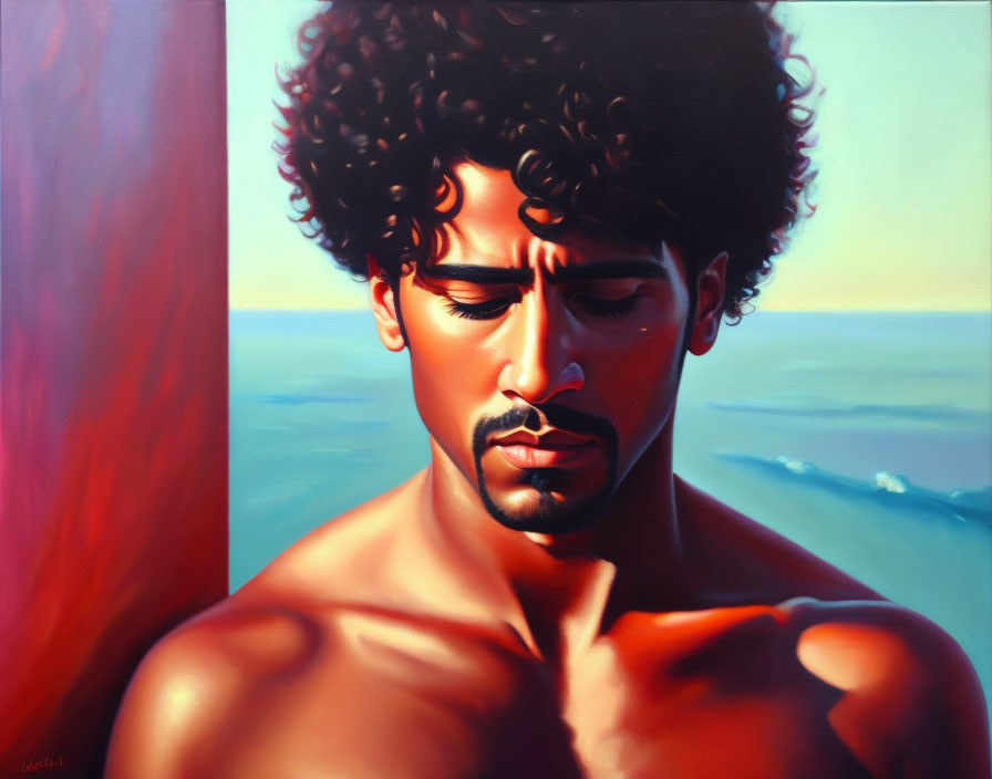 Shirtless man with curly hair in contemplation against red curtain and serene seascape